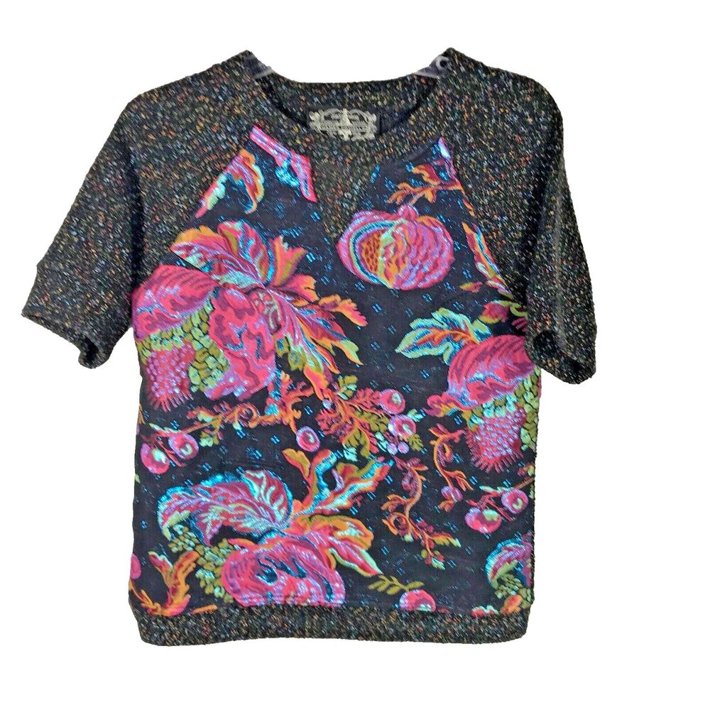 James Coviello Top Sparkle Knit S Anthropologie Metallic Pink Floral Foliage